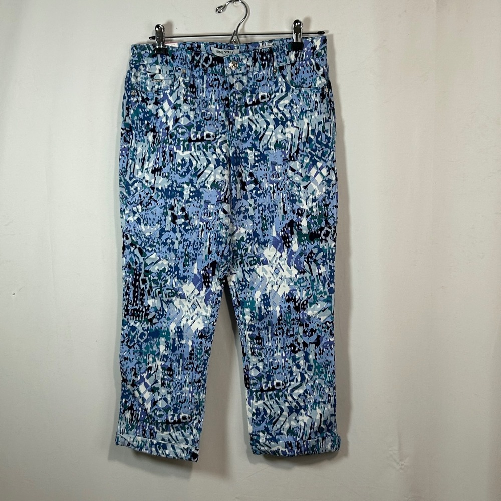 Nine West Chrystie Capri Jeans Women's Sz 6‎ Abstract Blue White Pattern Cropped
